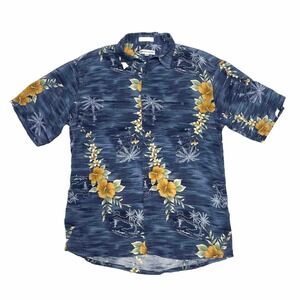 Pierre Cardin Shirt Adult Medium Blue Hawaiian Button Up Tropical Floral Mens
